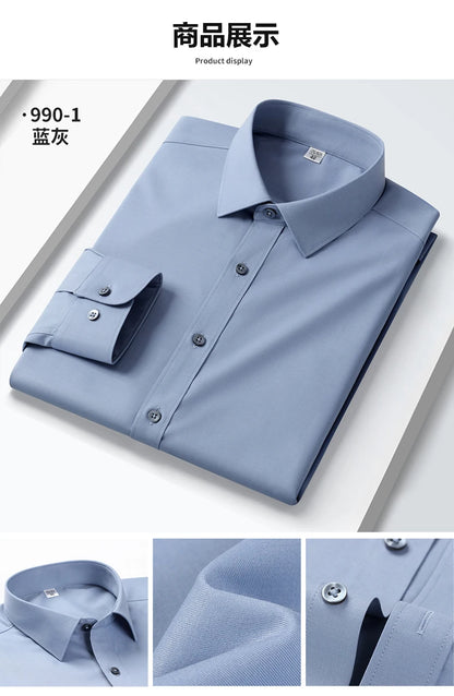 Camisa elástica anti-rugas masculina, manga comprida, slim fit, blusa social e de negócios, vestido branco, qualidade