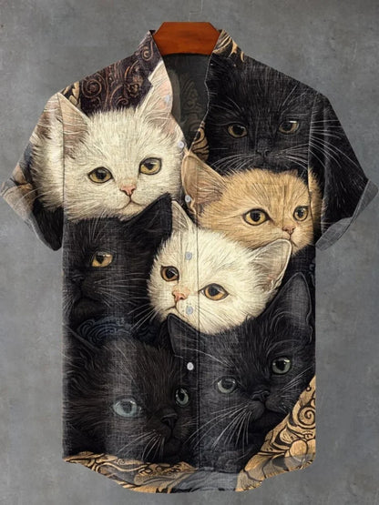 2025 moda casual masculina nova camisa de linho arte impressão bonito gato padrão camisas moda rua casual confortável camisa masculina