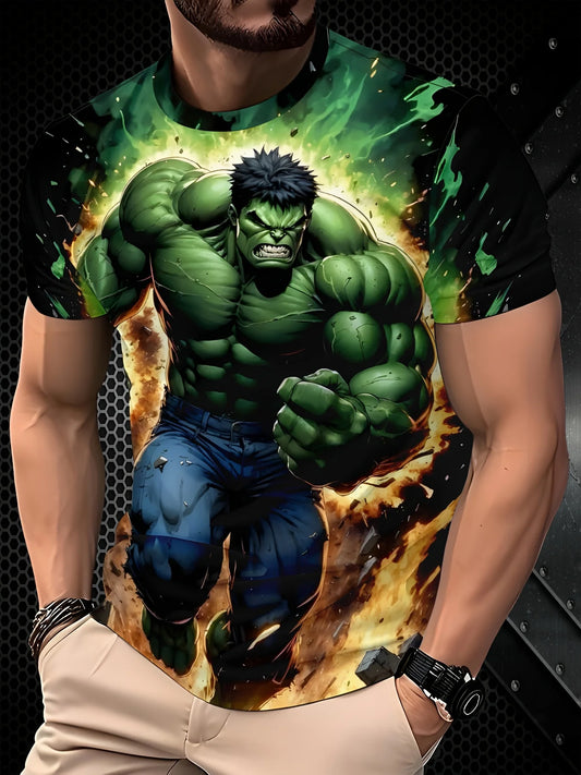 Camiseta casual masculina com tema Marvel, manga curta, gola redonda, Hulk, top gráfico, roupa de verão, mercadoria oficial da Marvel, super-herói