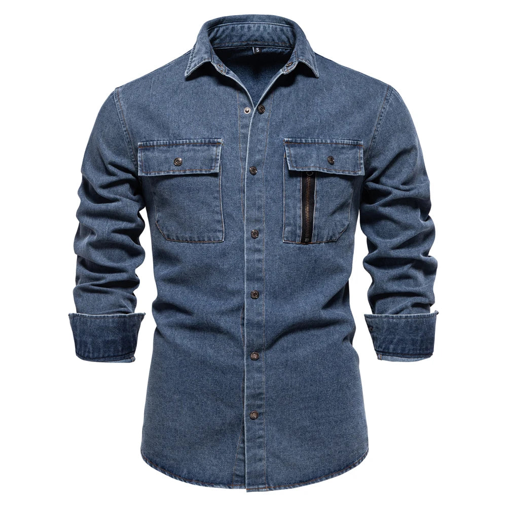 AIOPESON Mens 100% Algodão Camisas Jeans Outono Grosso Cowboy Camisa Masculina de Alta Qualidade Botão de Cor Sólida Camisa Jeans Casuais