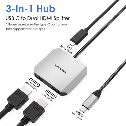 Wavlink 3-em-1 usb c para adaptador hdmi duplo com entrega de energia de 87w 4k @ 60hz para laptops macbook pro/air dell thunderbolt 3/4