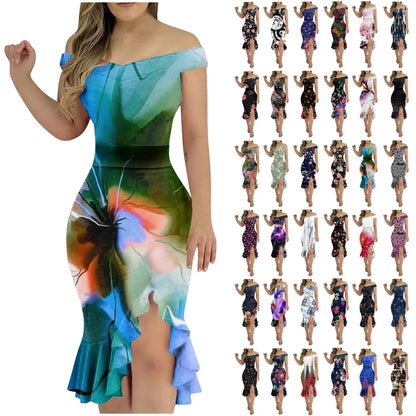 Vestido de festa feminino na altura do joelho, sexy fora do ombro, plissado dividido, bodycon monocromático, glitter, vestidos elegantes, moda feminina