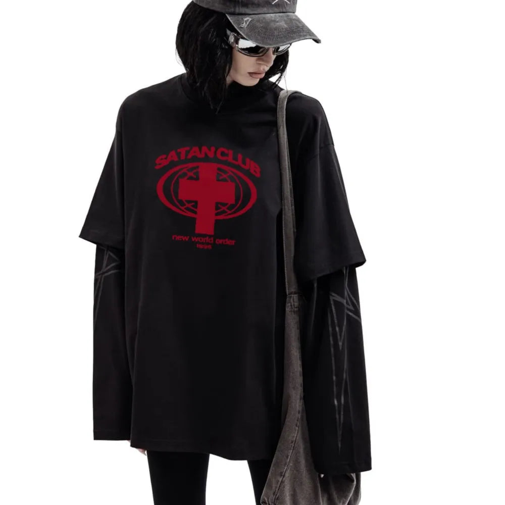 Camiseta gráfica estampada do Satan Club dos homens, roupas Hip Hop, tops de manga comprida, streetwear gótico, Harajuku, Y2K, Hip Hop, 2 peças