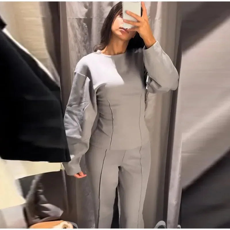 Mulher casual sólido conjunto de duas peças moda o pescoço mangas compridas magro topos calças de perna larga ternos outono inverno senhora roupa de escritório