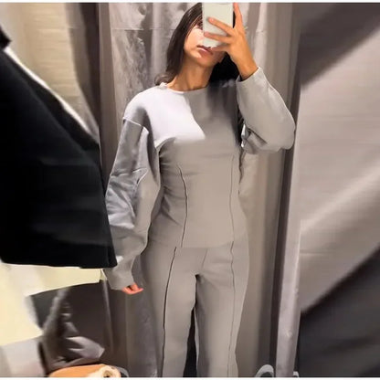 Mulher casual sólido conjunto de duas peças moda o pescoço mangas compridas magro topos calças de perna larga ternos outono inverno senhora roupa de escritório