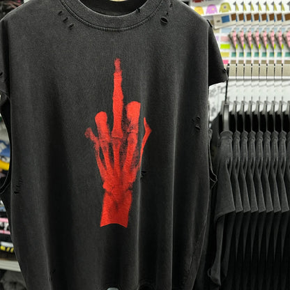 Crânio vermelho impressão de dedo buraco danificado saint tanque t das mulheres dos homens streetwear colete de grandes dimensões vintage washe preto sem mangas t camisa
