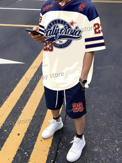 Novo em no.23 impressão masculina casual manga curta com decote em v camiseta shorts conjunto adulto basquete jogging 2 peça conjunto roupas masculinas