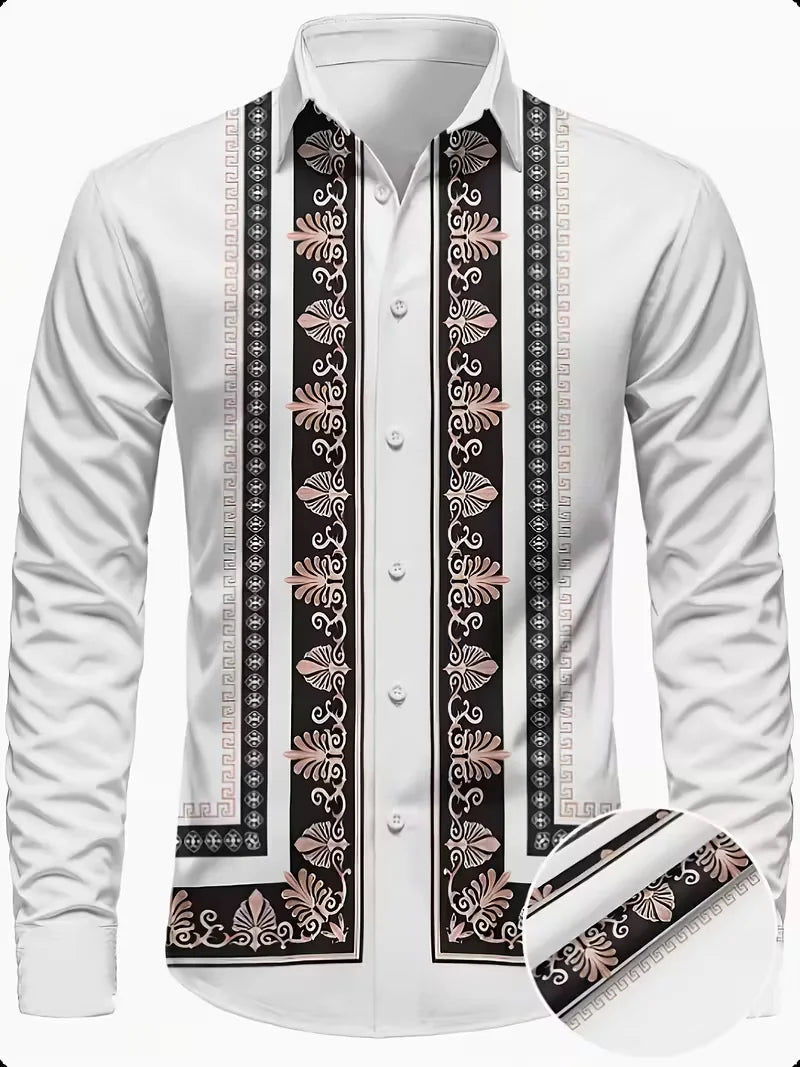 Nova camisa masculina de manga comprida com padrão geométrico – estilo primavera-outono, gola moderna e retrô, camisa com botões. Envio rápido.