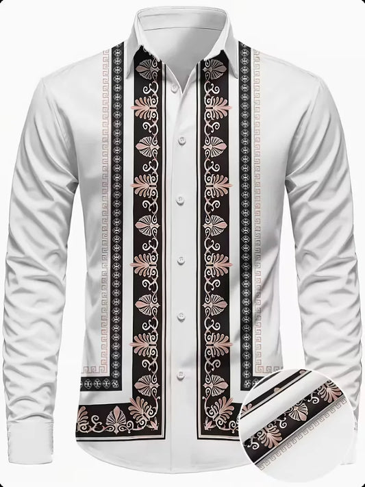 Nova camisa masculina de manga comprida com padrão geométrico – estilo primavera-outono, gola moderna e retrô, camisa com botões. Envio rápido.
