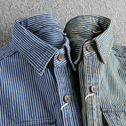 Camisa jeans vintage para homens, moda europeia e americana, casaco casual, tecido listrado com fios tingidos, lavado