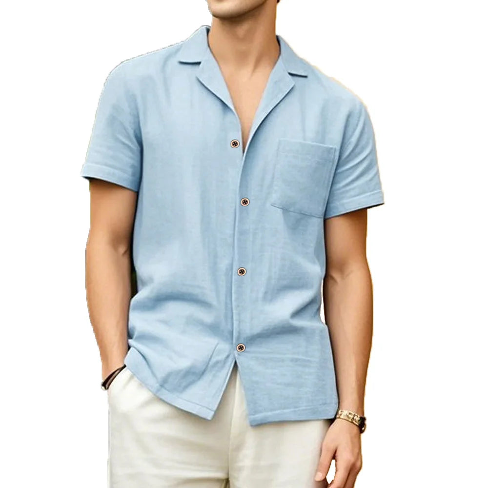 Camisas masculinas de manga curta verão cor sólida respirável solto camisas casuais praia férias estilo masculino topos camisetas