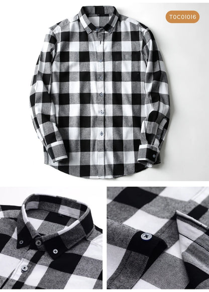 Moda masculina casual xadrez escovado camisa de manga longa, confortável 100% algodão botão para baixo fino ajuste grosso flanela camisas de outono