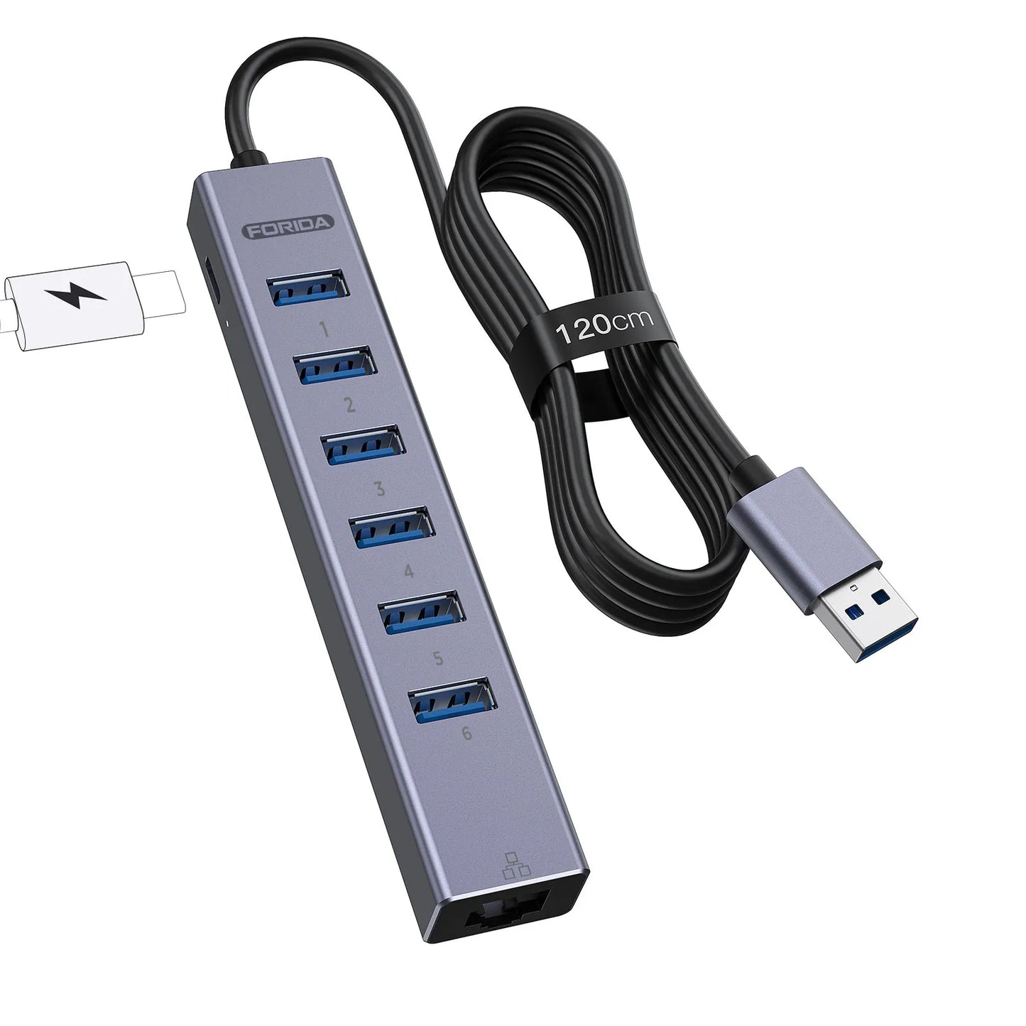 Forida USB 3.0 Hub 8 em 1 USB para rede HUB com 6 portas USB 3.0 de transmissão de dados Gigabit Ethernet e hub adaptador de alimentação 5V/3A