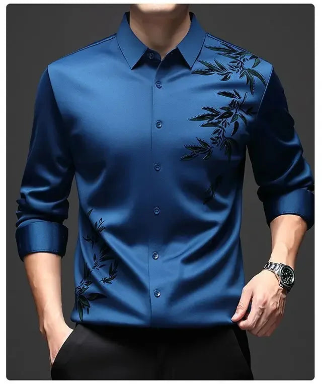 Outono inverno mais lã camisas masculinas impressão anti-rugas térmica turn-down colarinho manga longa banquete único breasted topos