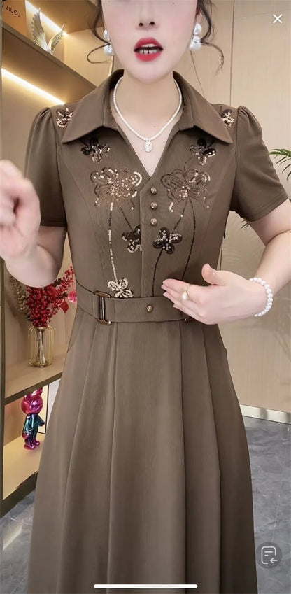 Mulheres estilo ocidental vestido verão primavera nova moda high-end lantejoulas vestidos longos mãe de meia idade elegante magro vestidos mujer