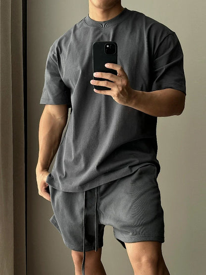 Conjunto de shorts de manga curta de algodão puro masculino, camiseta solta moderna europeia e americana de esportes e lazer