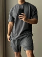 Conjunto de shorts de manga curta de algodão puro masculino, camiseta solta moderna europeia e americana de esportes e lazer