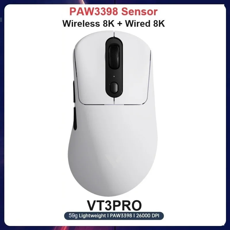 Rapoo vt3pro mouse para jogos sem fio 59g superleve 8khz taxa de pesquisa 26000 dpi paw3398 sensor óptico final longa vida útil da bateria