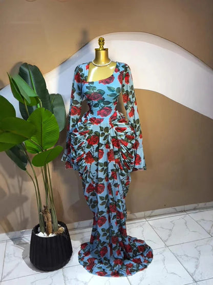 Vestidos de jantar elegantes para mulheres vestidos de festa de aniversário 2025 outono moda impressa manga cheia cabido ruched maxi vestido longo