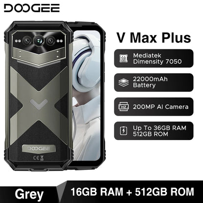 Estreia mundial doogee v max plus telefone robusto 22000mah 36gb (16 +20) 512gb 200mp câmera telefone 6.58 "120hz dimensão 7050 android14