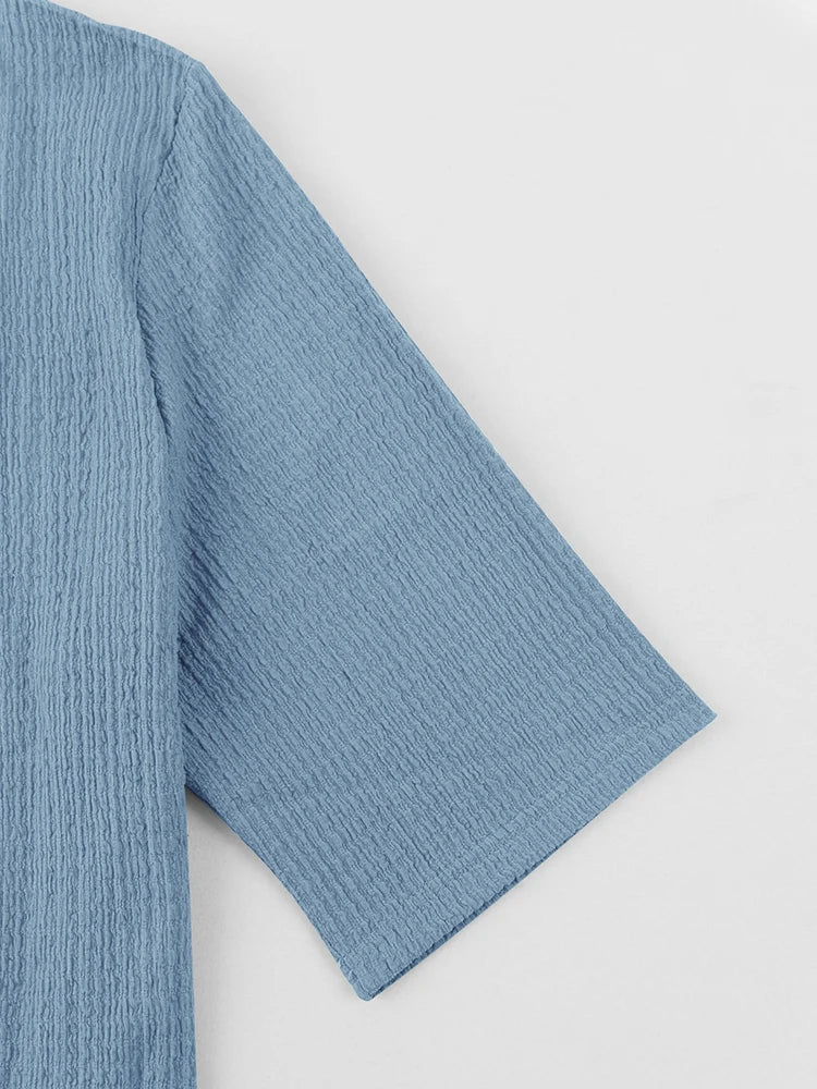 Moda verão roupas texturizadas para homens casual respirável camisa e calças duas peças define lazer masculino ternos de cor sólida