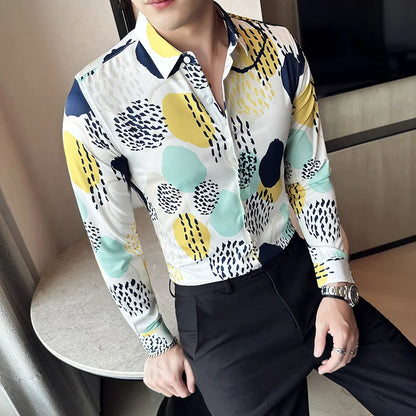 Camisa Coreana Estampada Masculina, Manga Comprida, Fina, Vestido, Festa, Negócios, Social, Boutique, Luxo, Primavera, Outono, 6XL