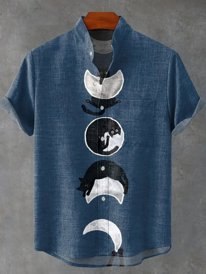 2025 moda casual masculina nova camisa de linho arte impressão bonito gato padrão camisas moda rua casual confortável camisa masculina