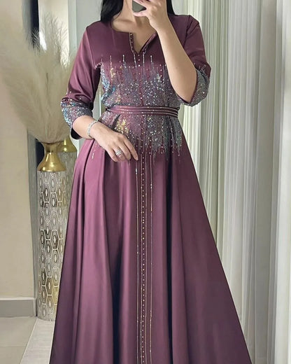 Vestido muçulmano de cetim para mulheres, Abaya Dubai, roupão de jantar, roupas diamantadas, moda