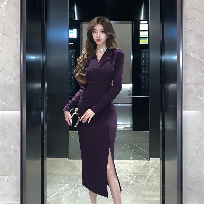 Purpled elegante plissado bodycon terno vestido para mulher 2025 moda coreana vestido formal outono inverno chique sob medida vestido de ocasião