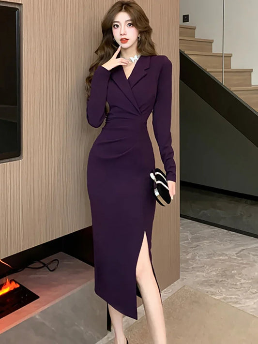 Purpled elegante plissado bodycon terno vestido para mulher 2025 moda coreana vestido formal outono inverno chique sob medida vestido de ocasião