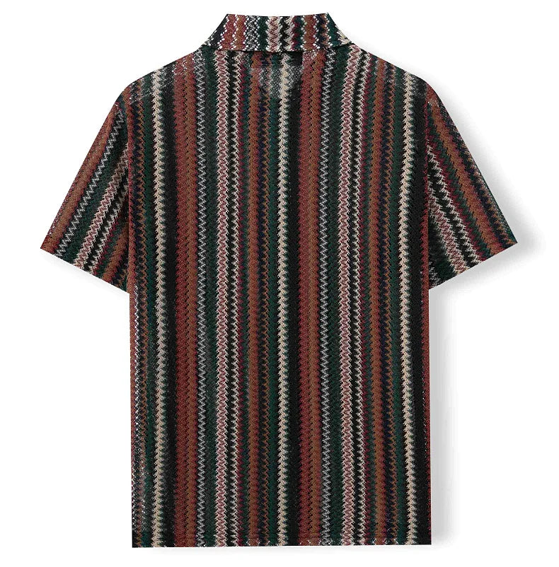 Novo étnico listrado masculino cardigan topos chique oco para fora manga curta casual camisa de renda moda streetwear premium blusa respirável