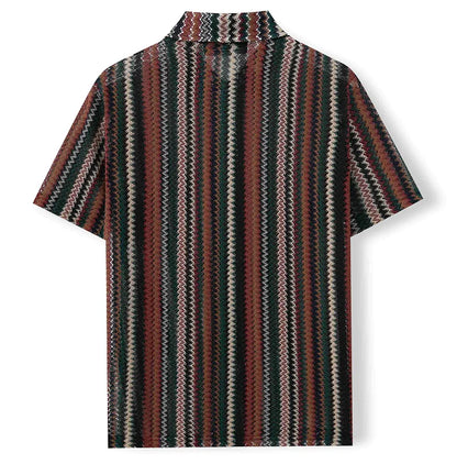 Novo étnico listrado masculino cardigan topos chique oco para fora manga curta casual camisa de renda moda streetwear premium blusa respirável