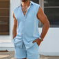Novo verão 2 peças casual todos os dias lapela shorts conjunto havaiano cor sólida sem mangas camisa masculina praia shorts