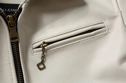 Jaqueta de couro genuíno masculino lapela branca jaqueta de pele de bezerro natural casaco masculino fino ajuste camada superior jaqueta de motociclista