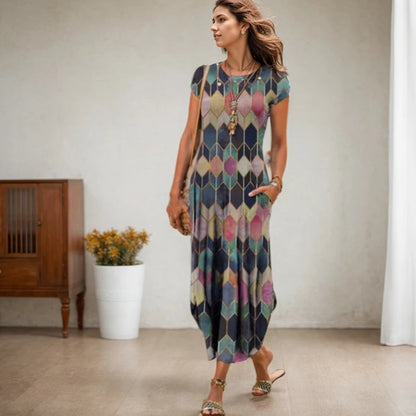 Vestidos de festa de verão novo casual moda impresso vestidos de bolso vintage floral impressão manga curta vestidos arty para mulher