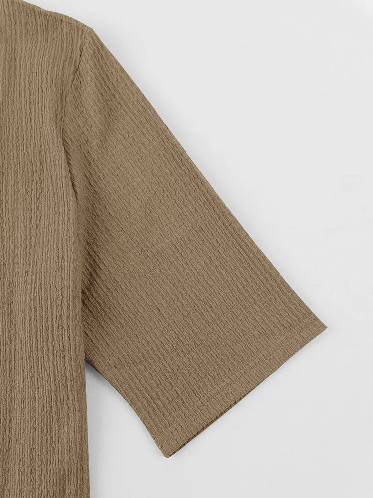 Moda verão roupas texturizadas para homens casual respirável camisa e calças duas peças define lazer masculino ternos de cor sólida