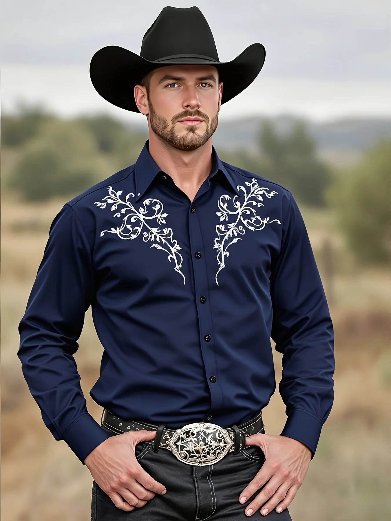 2025 masculino padrão tribal manga longa preto ocidental cowboy camisa ocidental evento traje elegante camisa masculina fino ajuste camisa