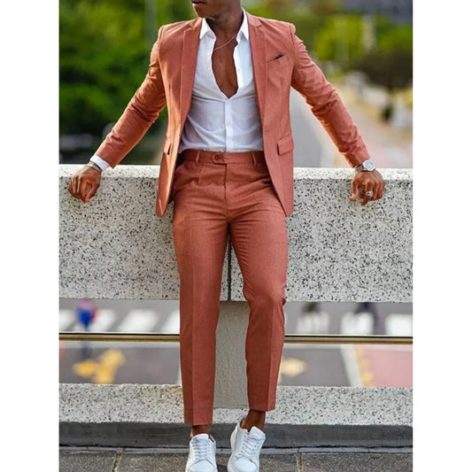 Ternos masculinos formais laranja, para casamento, baile, lapela, blazer, feito sob encomenda, moda, smoking, duas peças, jaqueta + calças, trajes de hombre