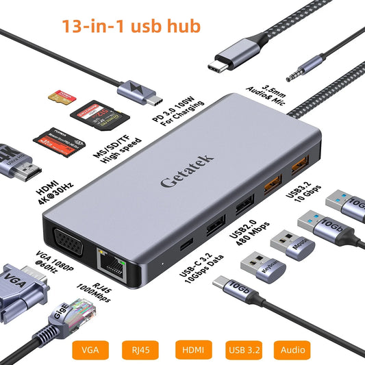 GETATEK 13 EM 1 USB C Hub Docking Station USB 3.2 10 Gbps Cartão TF/SD Porta de fone de ouvido VGA RJ45 Adaptador HDMI para laptop Macbook