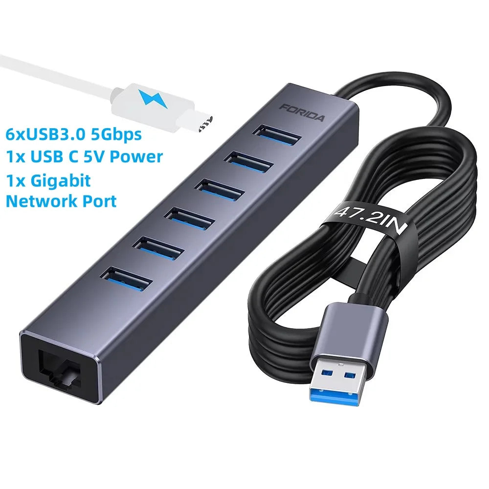 Forida USB 3.0 Hub 8 em 1 USB para rede HUB com 6 portas USB 3.0 de transmissão de dados Gigabit Ethernet e hub adaptador de alimentação 5V/3A