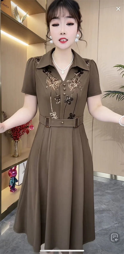 Mulheres estilo ocidental vestido verão primavera nova moda high-end lantejoulas vestidos longos mãe de meia idade elegante magro vestidos mujer