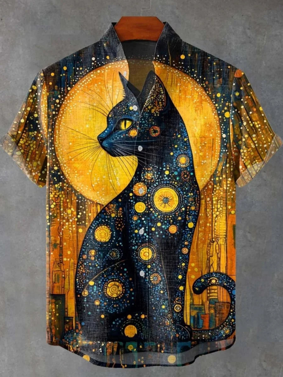 2025 moda casual masculina nova camisa de linho arte impressão bonito gato padrão camisas moda rua casual confortável camisa masculina