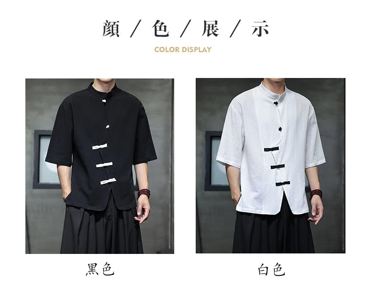 Camisa de linho de algodão masculina verão luz fina manga curta topo streetwear solto oversize casual estilo chinês camisa tang terno hanfu