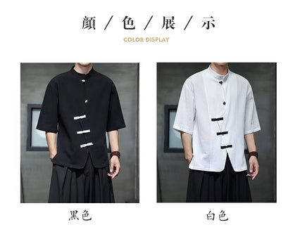 Camisa de linho de algodão masculina verão luz fina manga curta topo streetwear solto oversize casual estilo chinês camisa tang terno hanfu
