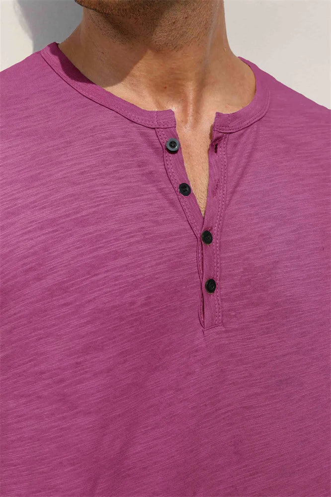 Outono nova camiseta masculina de manga longa casual estilo simples henley pescoço respirável leve algodão topos moda masculina