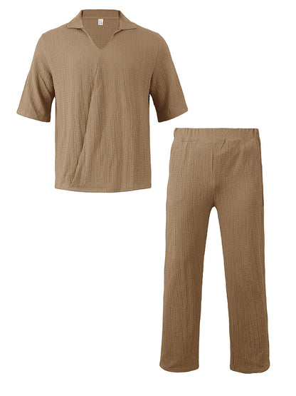 Moda verão roupas texturizadas para homens casual respirável camisa e calças duas peças define lazer masculino ternos de cor sólida