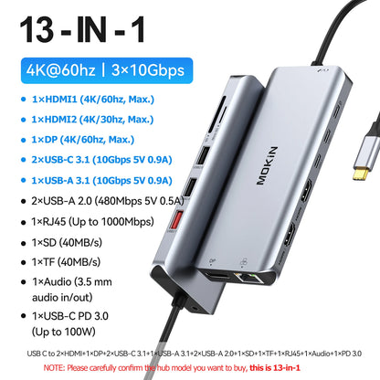 Mokan usb c hub tipo c 4k @ 60hz hdmi hub, vga 3usb 3.1 10gbps pd rj45 sd/tf docking station para macbook air pro acessórios para portátil