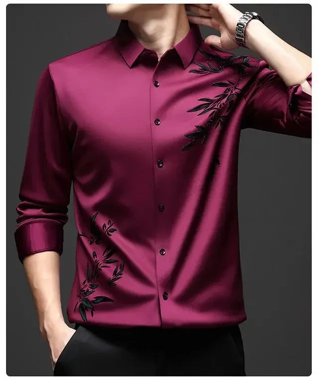 Outono inverno mais lã camisas masculinas impressão anti-rugas térmica turn-down colarinho manga longa banquete único breasted topos