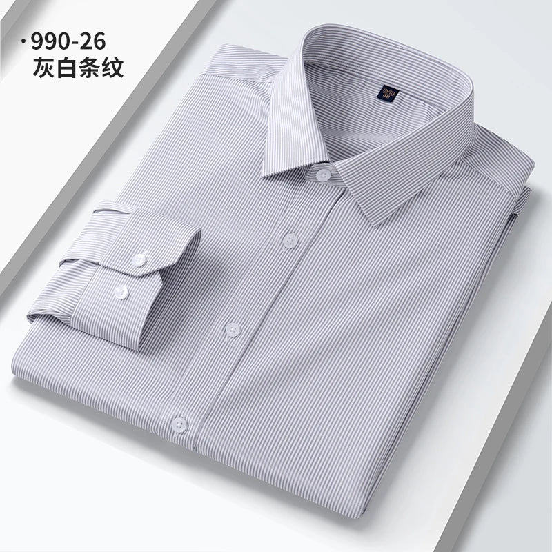 Camisa elástica anti-rugas masculina, manga comprida, slim fit, blusa social e de negócios, vestido branco, qualidade