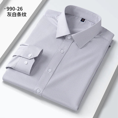 Camisa elástica anti-rugas masculina, manga comprida, slim fit, blusa social e de negócios, vestido branco, qualidade